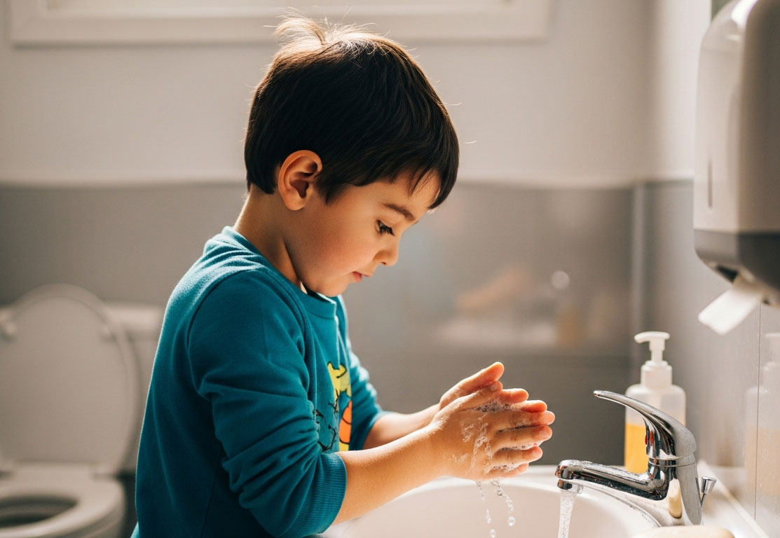 A boy washing his hands after using potty with aba therapy help